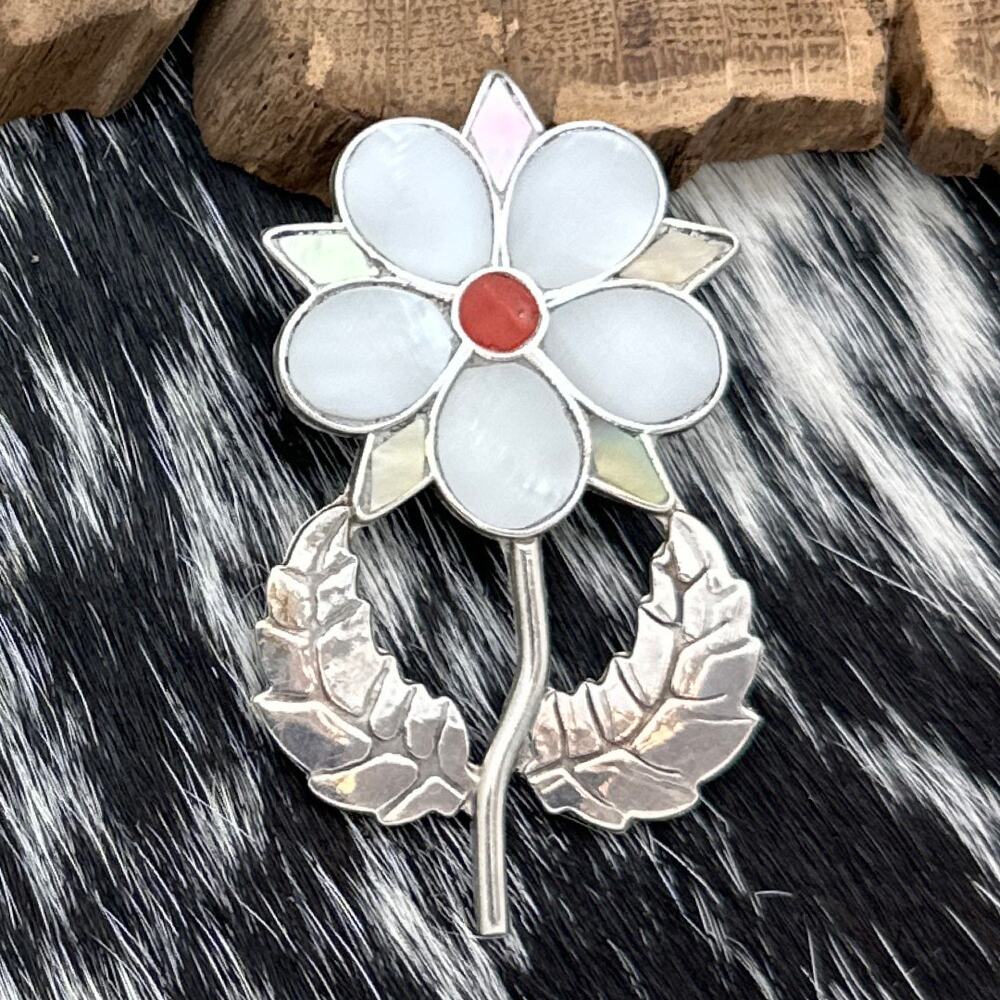 1980s Native American ZUNI Sterling Mother Of Pearl & Spiny Flower Pin Pendant